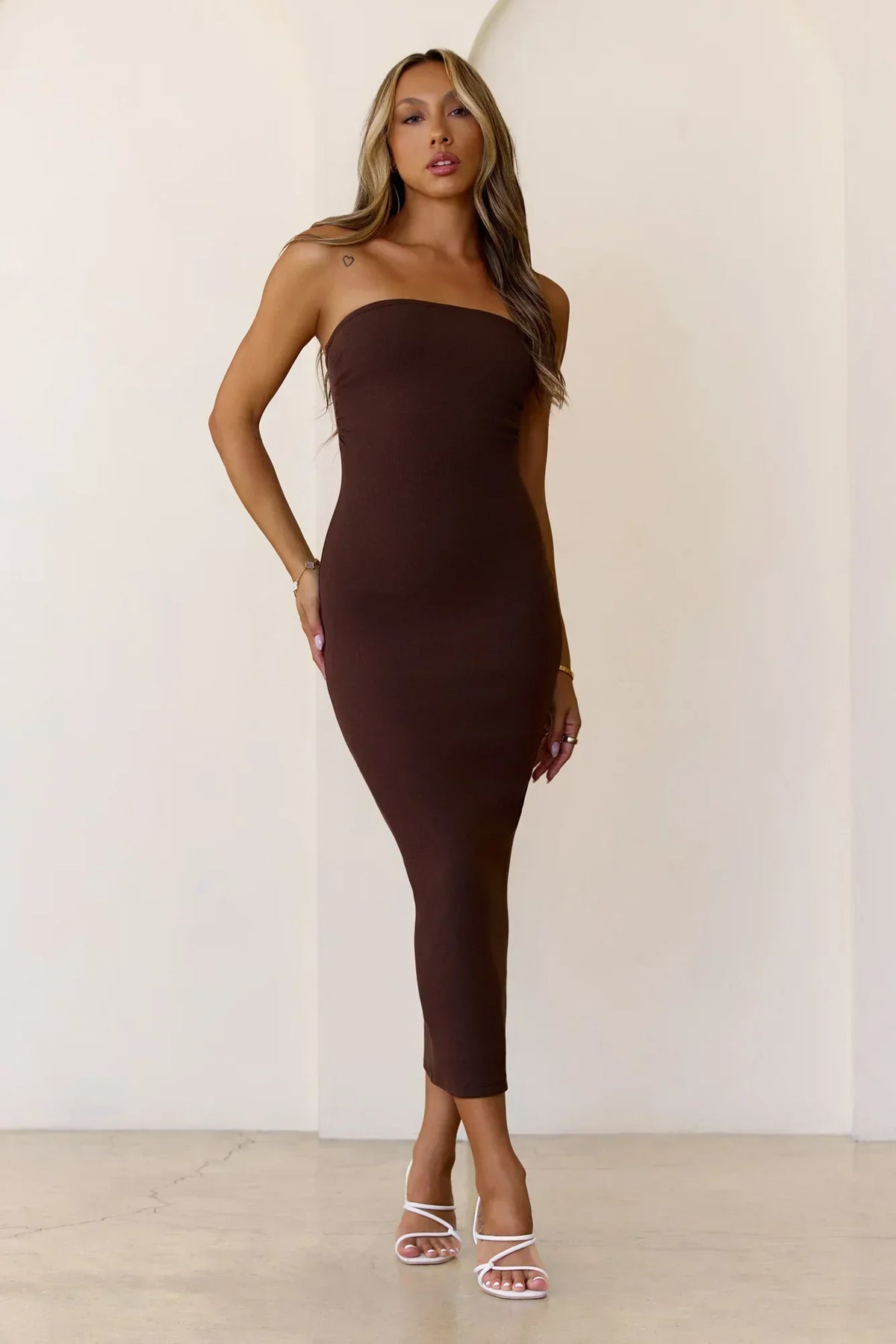 Base Luxe Rib The Ultimate Strapless Midi Dress Chocolate