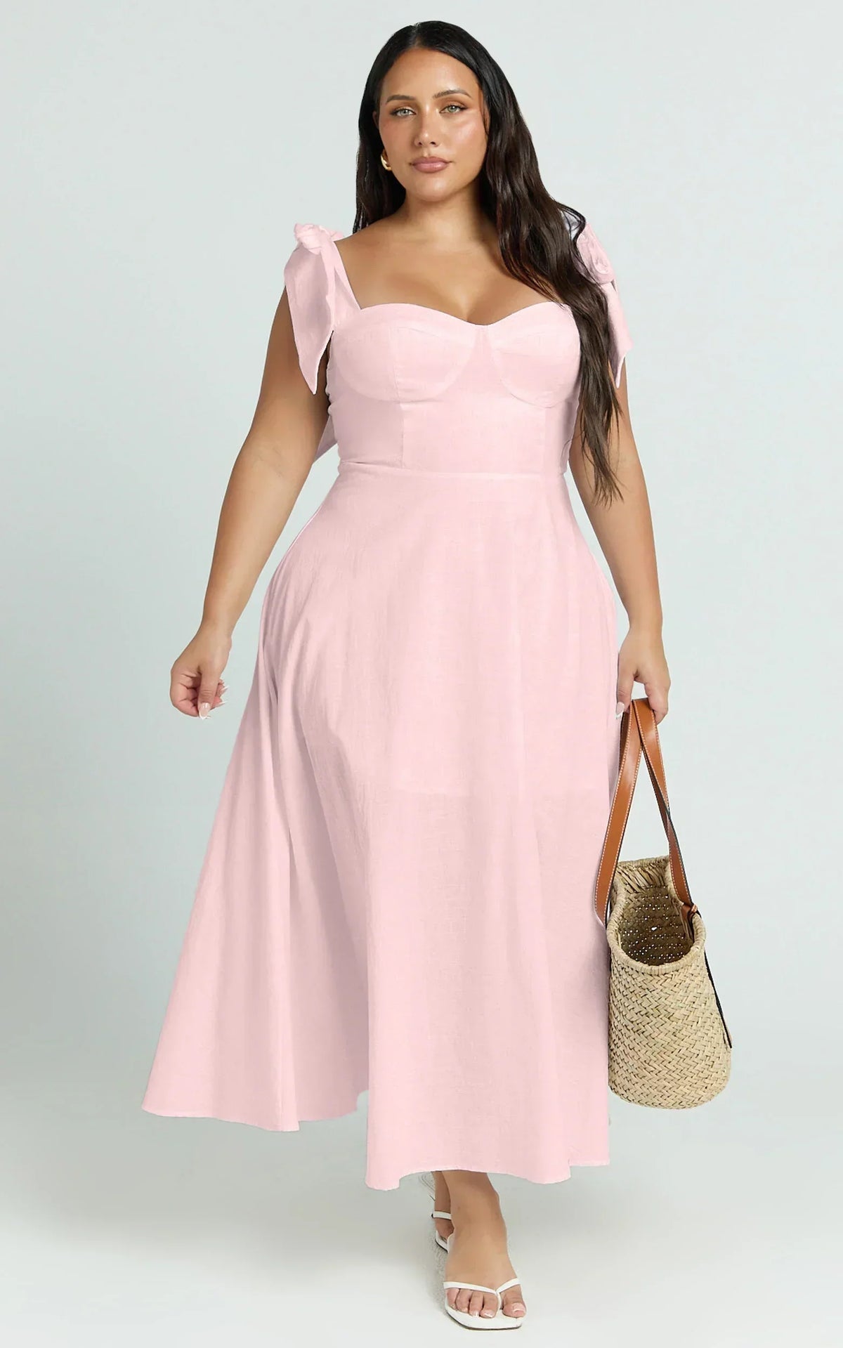 Tymia Midi Dress - Shoulder Tie Bustier Shirred Back A Line In Pink
