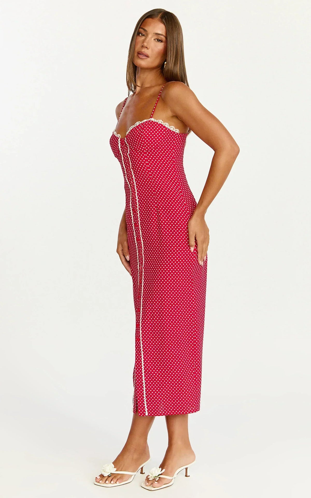 Camille Midi Dress - Button Front Bustier Lace Trim Fitted Dress In Red