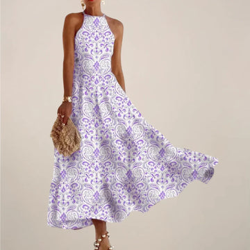Women’S Printed Halter Neck Maxi Dress – A-Line Flowy Summer Dress