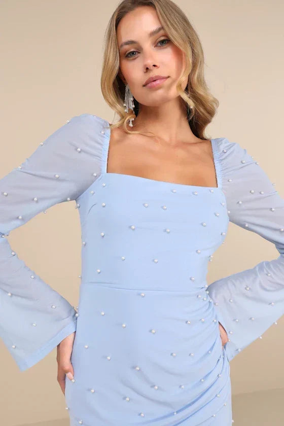 Flirty Luxury Light Pink Mesh Pearl Long Sleeve Mini Dress