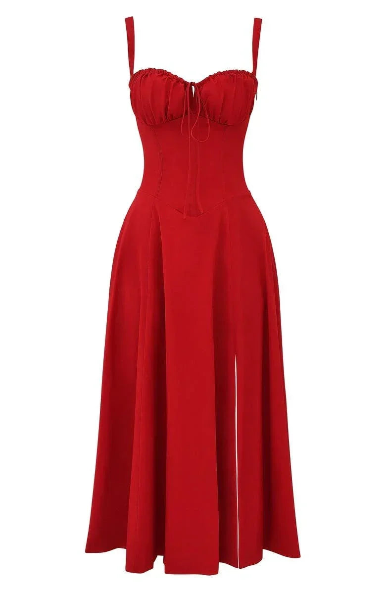 Corset Midi Dress – Tailored Waist And Flowing Skirt