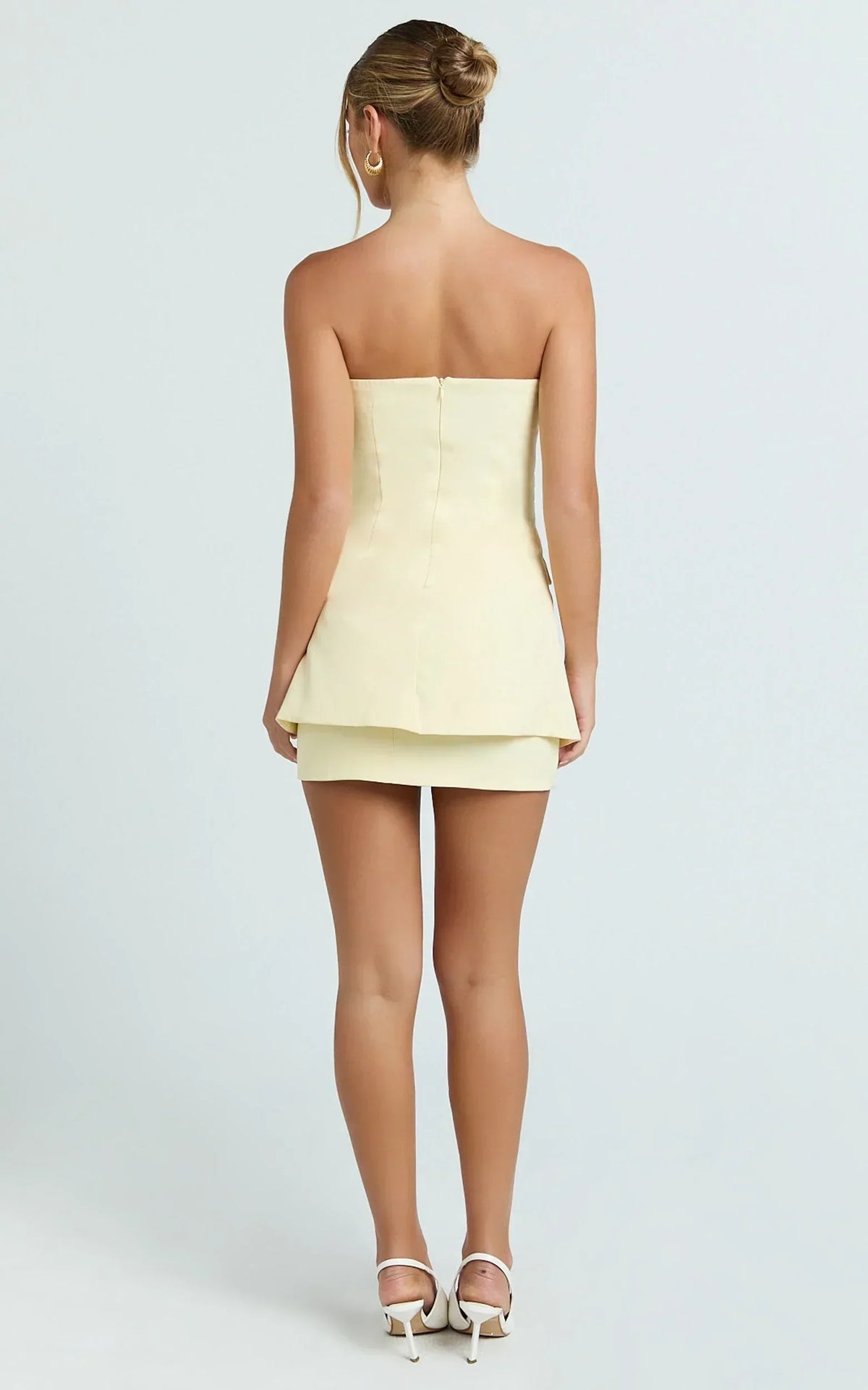 Monroe Two Piece Set - Strapless Button Down Longline Vest Top and High Waisted Mini Skirt in Butter Yellow