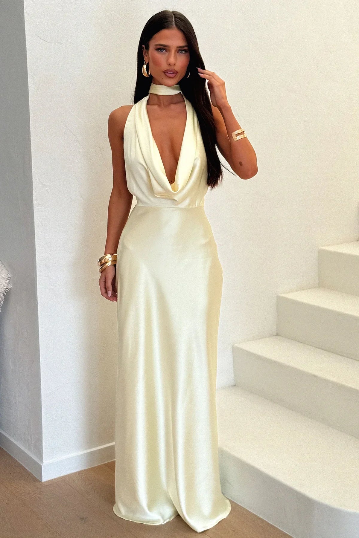 Zealand Plunge Halter Satin Maxi Dress - Yellow