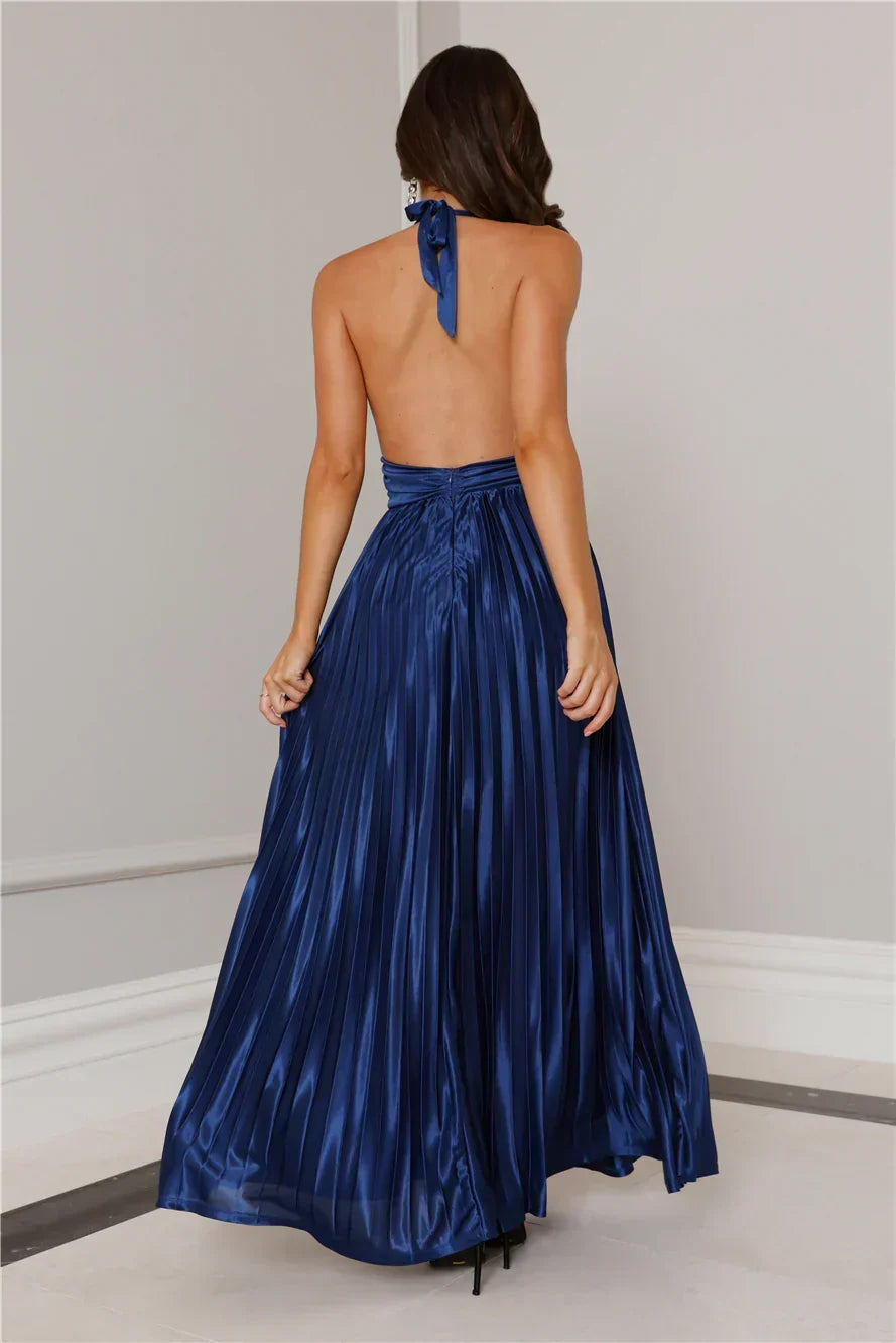 Shimmering Sea Pleated Halter Maxi Dress