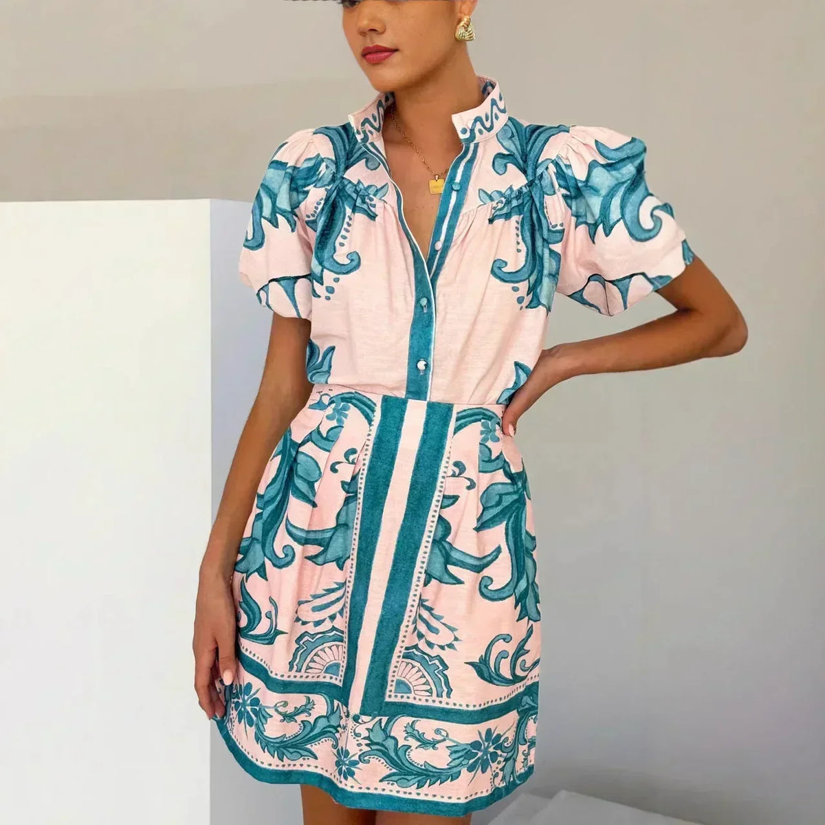 Duttini | Linen Floral Cocktail Dress Set (Top & Skirt)