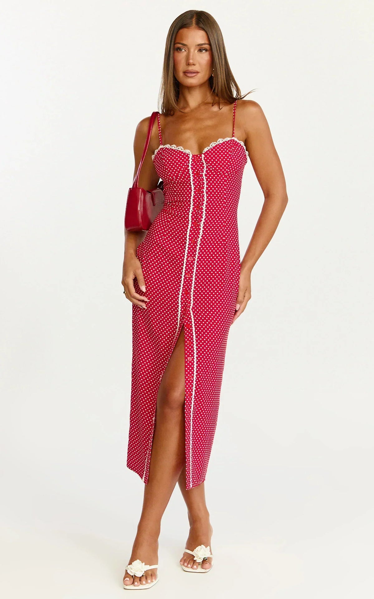 Camille Midi Dress - Button Front Bustier Lace Trim Fitted Dress In Red