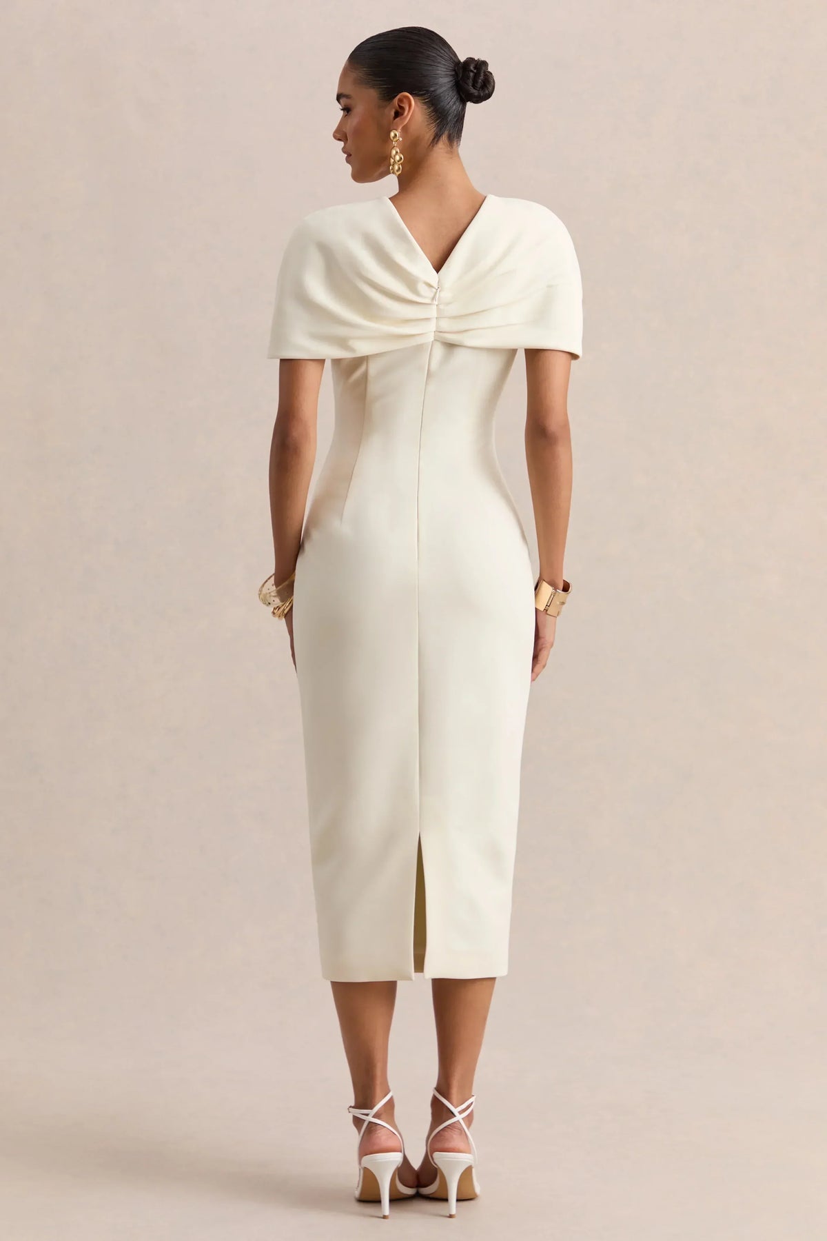 Novalie | Cream V-Neck Midi Dress With Twist-Detail