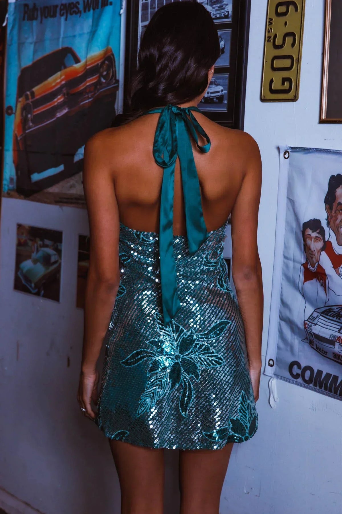 Champagne Showers Halterneck Slip Mini Dress Sequin Flowers Green