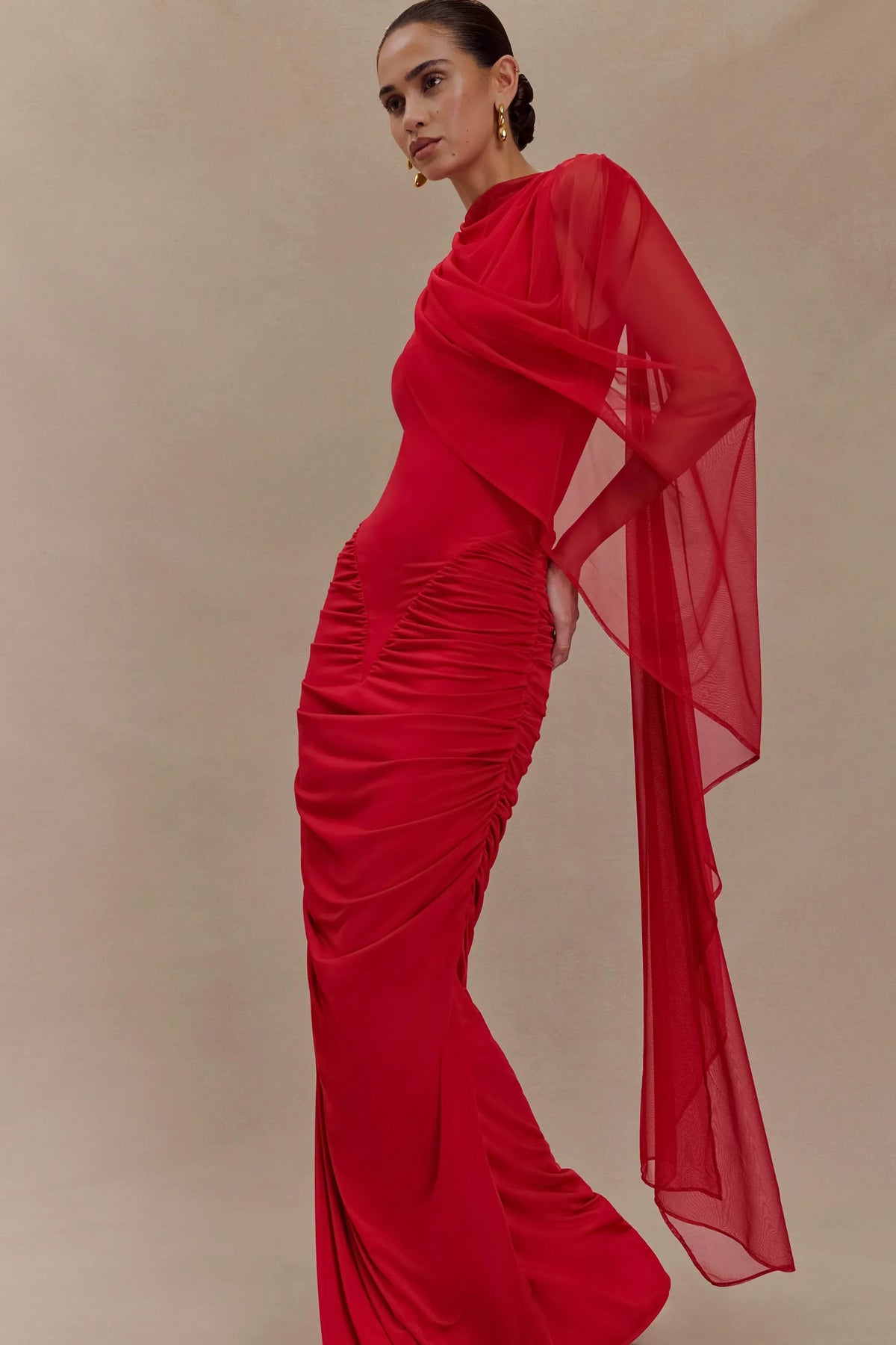 Amandine Ruched Slinky Maxi Dress - Ruby