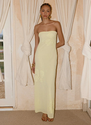 Sassafras Beaded Flower Strapless Maxi Dress - Yellow
