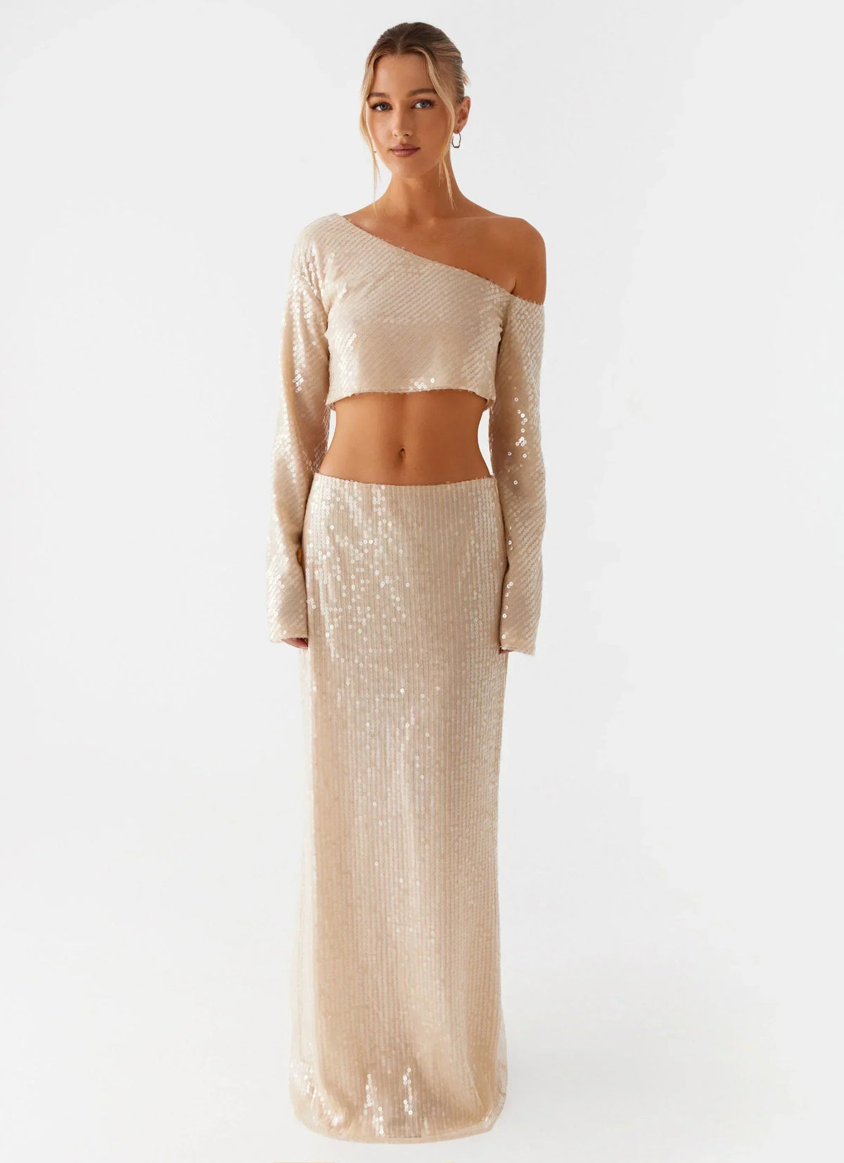 Wisteria Low Rise Sequin Maxi Skirt - Champagne