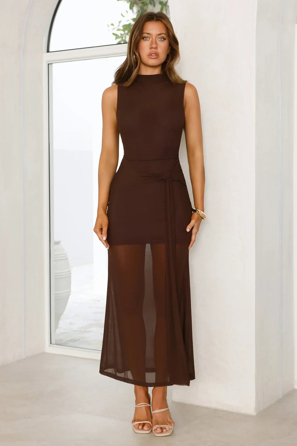 Dazzle Me Darling Mesh Maxi Dress Brown