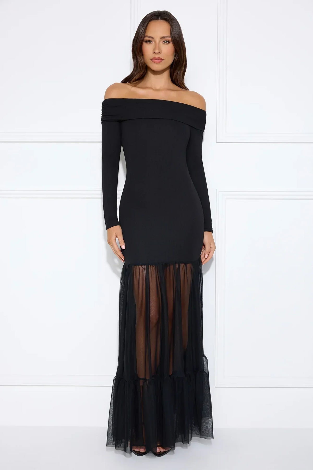 Captivating Gaze Off Shoulder Maxi Dress Black