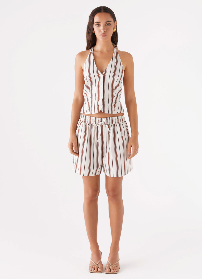 Ellie Linen Halterneck Vest Top - Brown Stripe