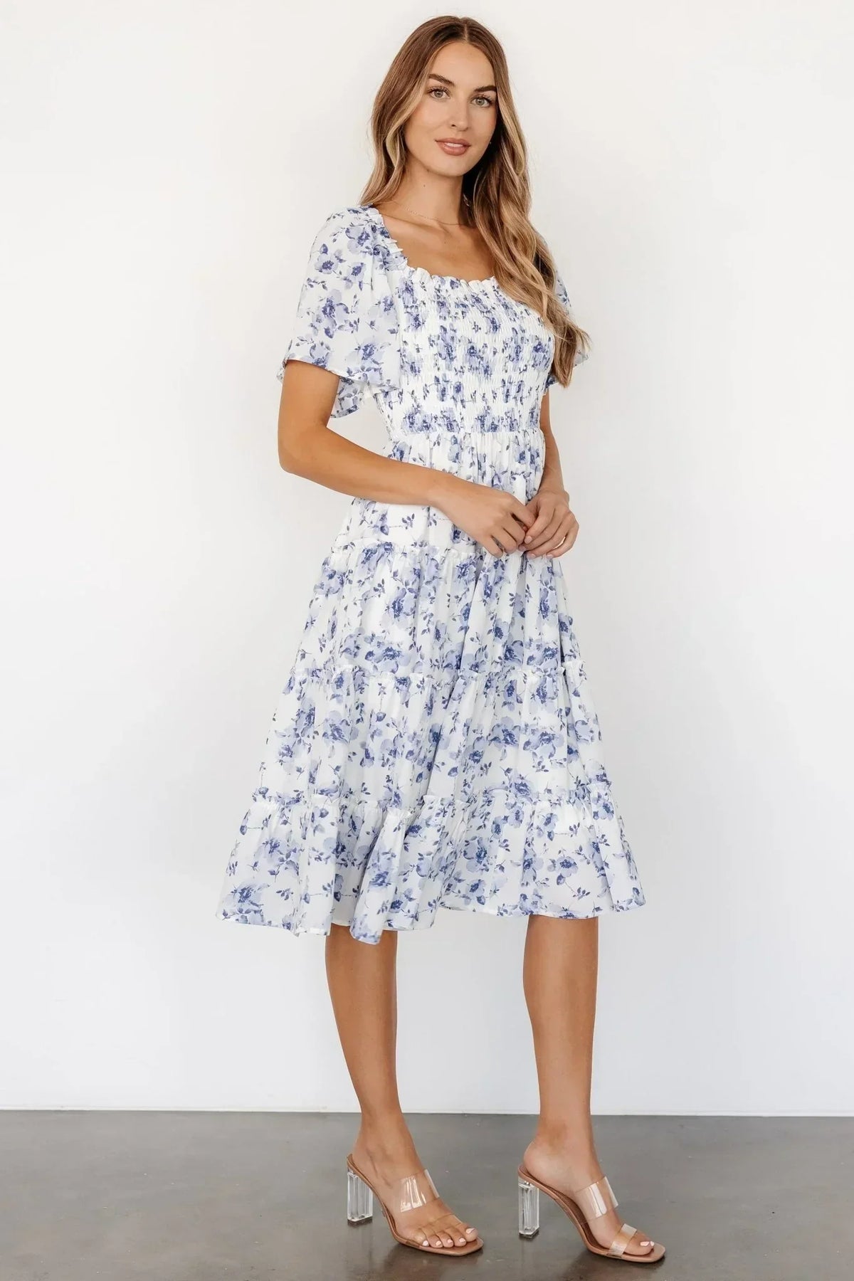 Lilla Tiered Midi Dress | Off-White + Blue Floral