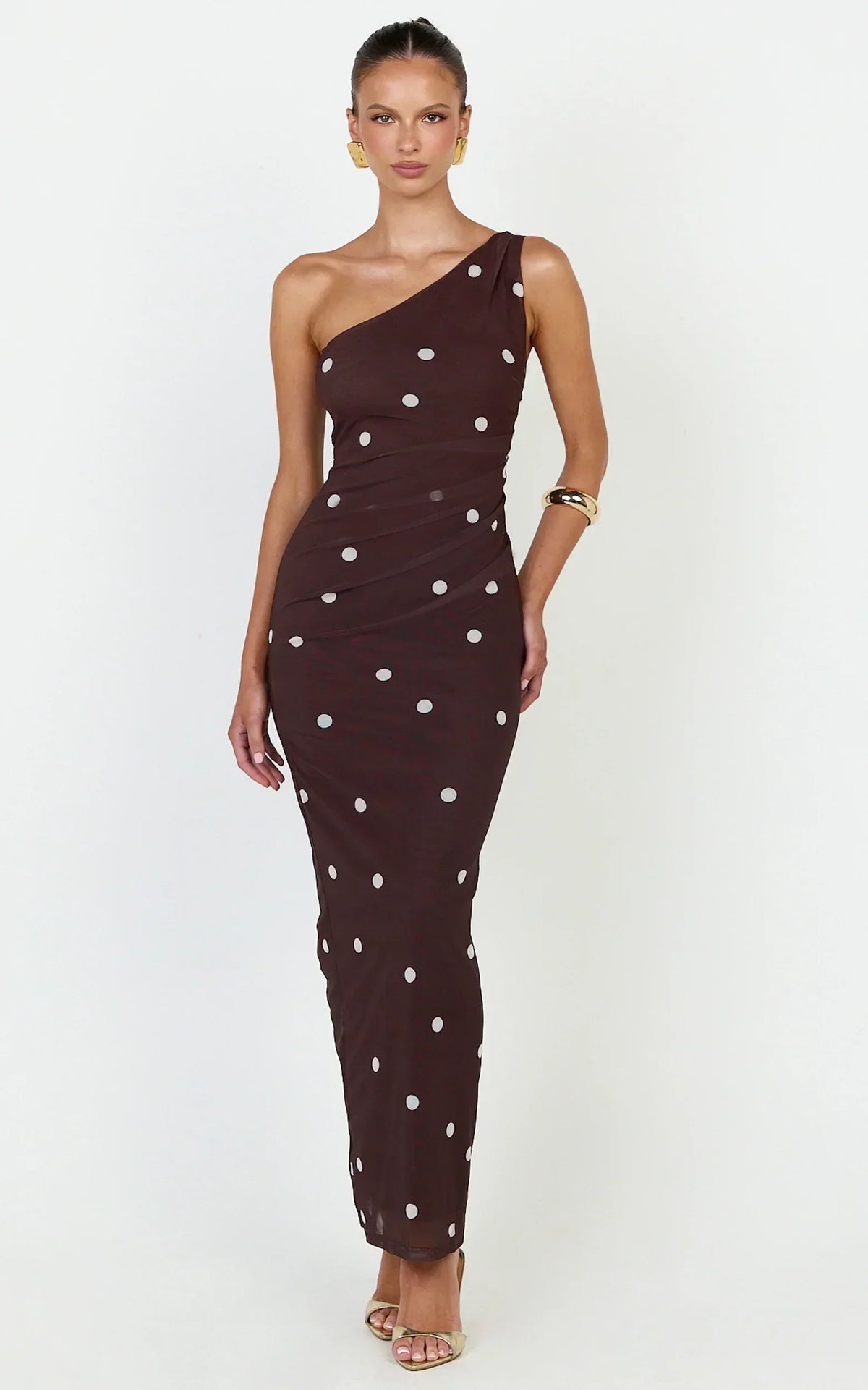 Criselda Maxi Dress - One Shoulder Maxi Dress In Chocolate Polkadot
