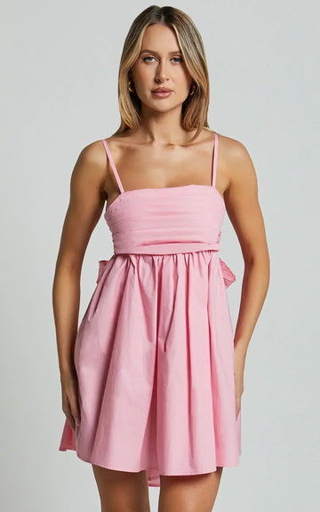 Clover Mini Dress Back Bow Babydoll Dress in Pink