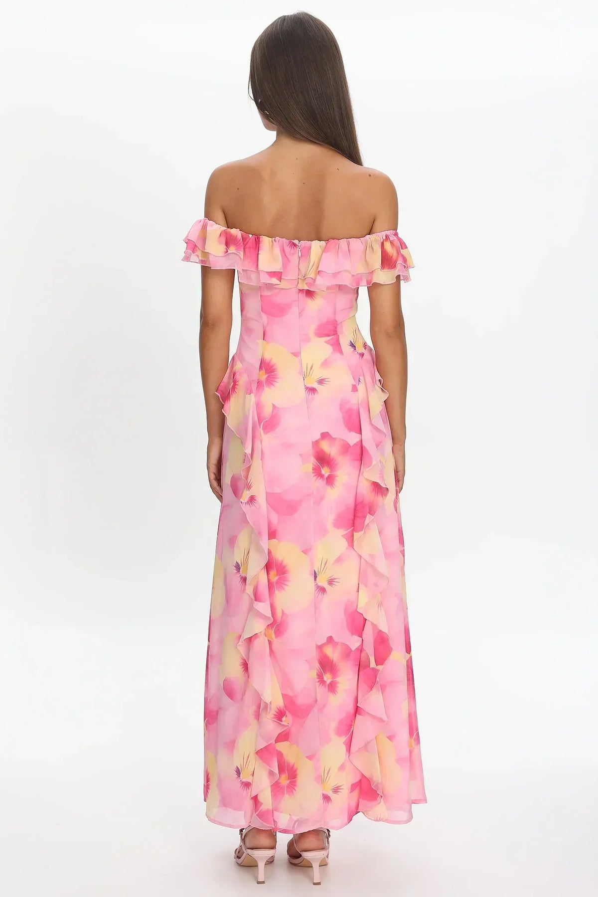 Scarlet Off-Shoulder Ruffle Trim Maxi Dress Print Pink
