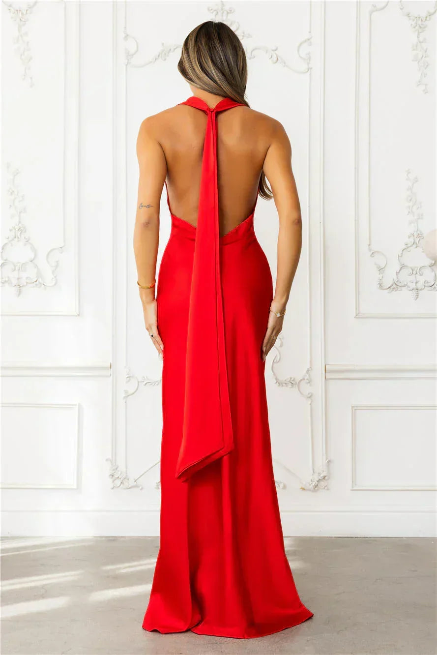 Nightfall Noir Halter Satin Maxi Dress