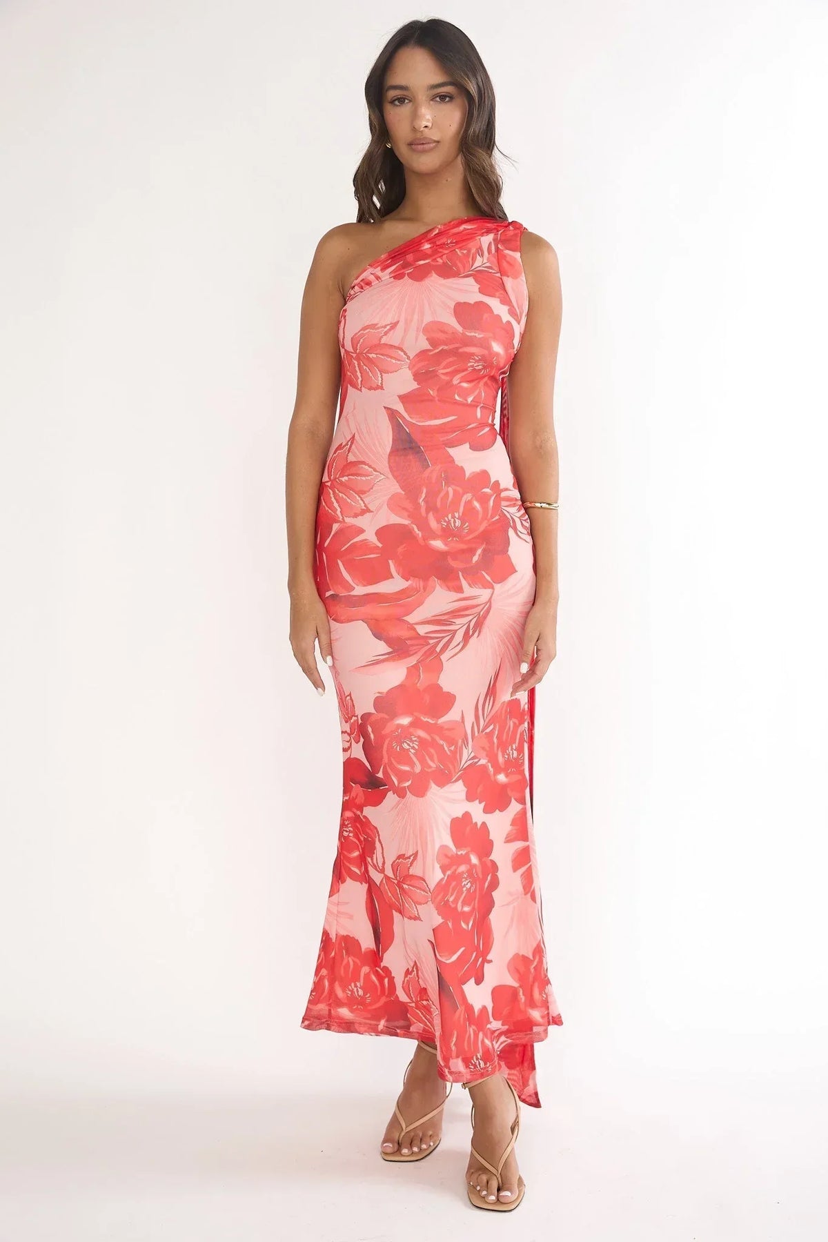 Ilyse Scarf One Shoulder Maxi Dress Floral Red
