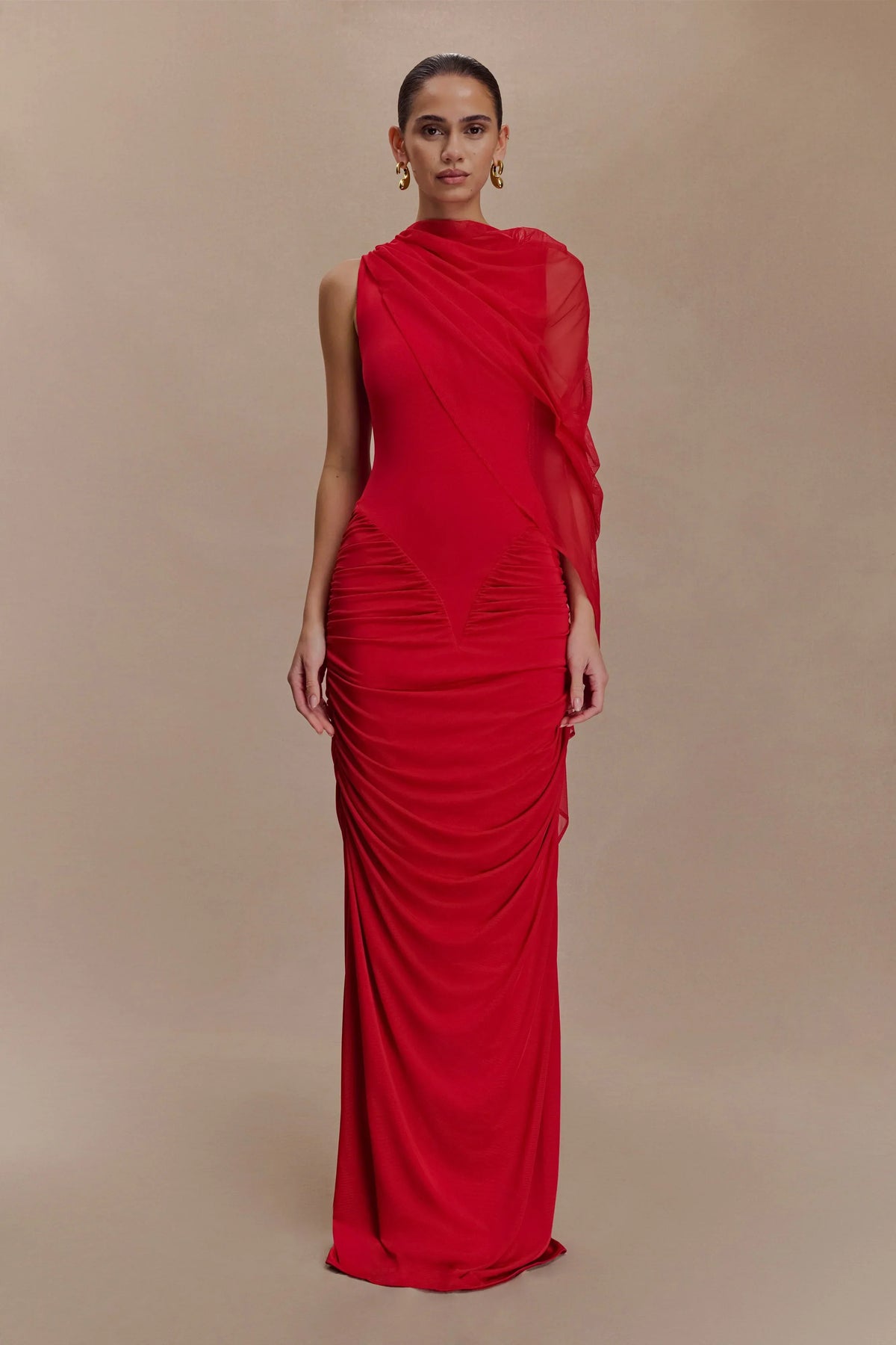 Amandine Ruched Slinky Maxi Dress - Ruby
