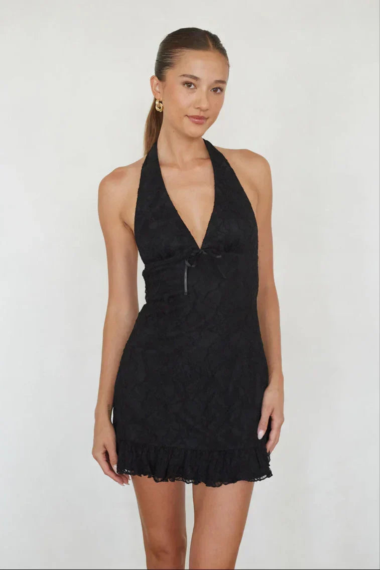 Fleur Lace Halter Ruffled Mini Dress